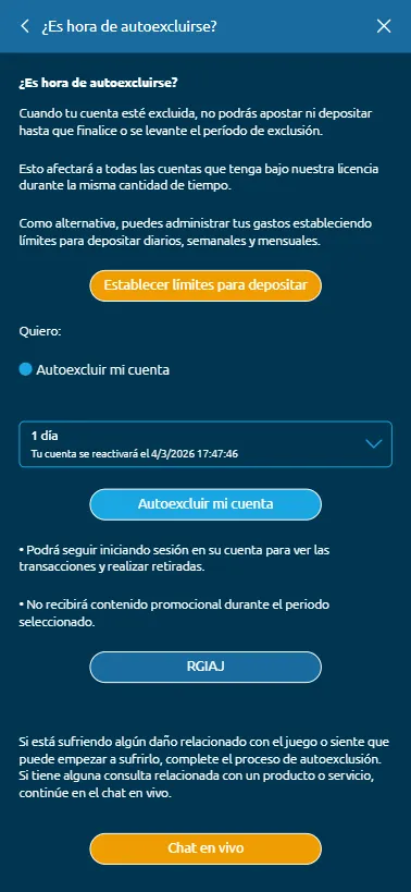 Entre las diferentes herramientas de autoexclusión, podemos definir el tiempo durante el que no podamos jugar.