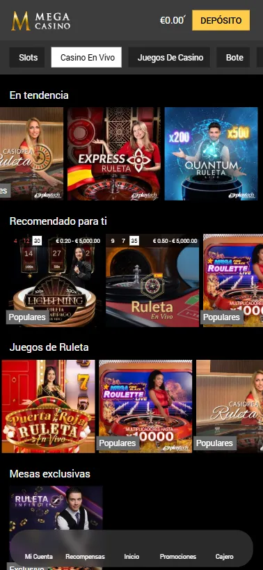 La selección de ruletas en Mega Casino es limitada.