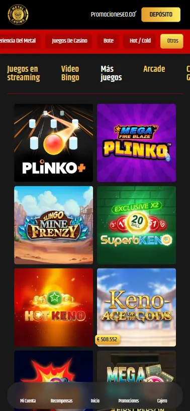 Existen juegos especiales como Plinko, Keno, juegos crash y otros en Metal Casino.