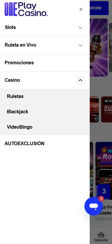 El menú del juego ofrece slots, ruleta en vivo, promociones casino y herramientas de autoexclusión.