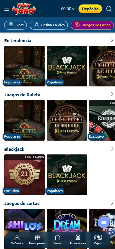 Tenemos juegos de casino, entre los que encontramos blackjack, ruleta y juegos en vivo.