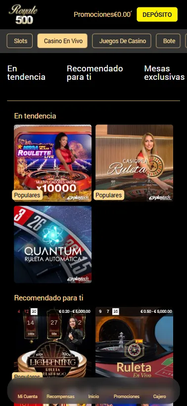 Existen juegos en vivo, además de juegos de cartas, de mesas y videoslosts en Royale500.