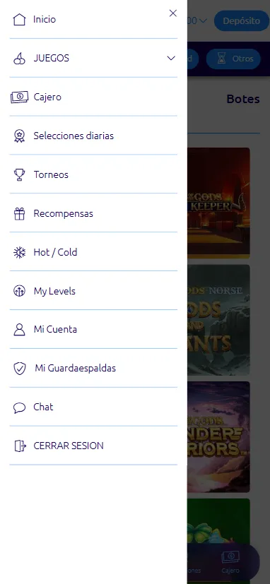 En el menú lateral del usuario podemos consultar métodos de pago, herramientas de autoexclusión, estadísticas y más.