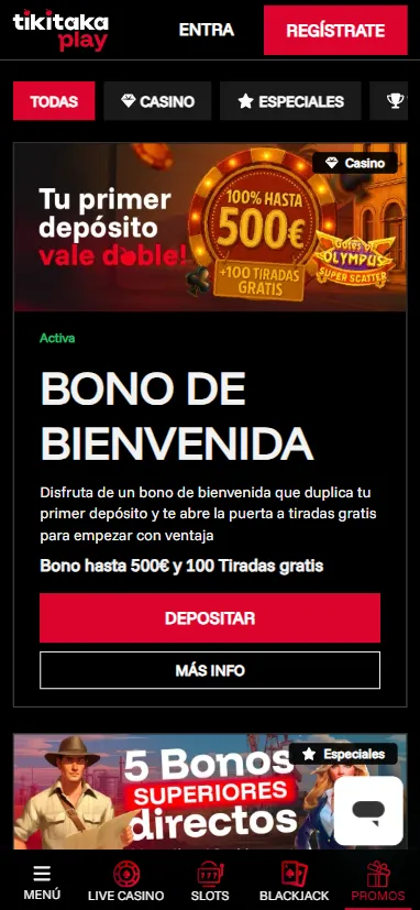 El bono de bienvenida ofrece un depósito por recarga en tu primer depósito y hasta 100 tiradas gratis.
