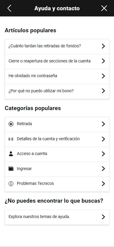 El contacto y ayuda de Party Casino funciona mediante una batería de preguntas frecuentes.