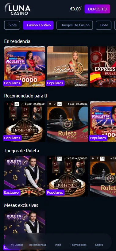 Luna Casino tiene ruletas, crupiers en vivo, blackjack, video slots, bingo y más.