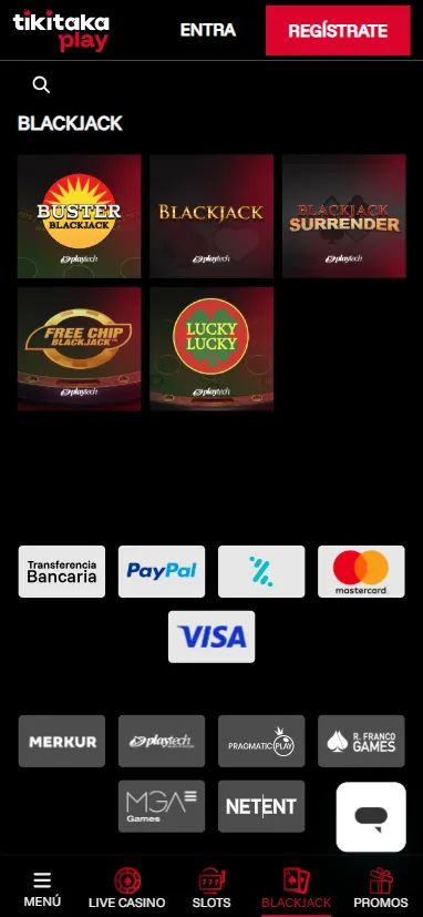 A fecha de marzo de 2026 el casino solo tiene 5 juegos de blackjack, 8 de casino en vivo y apenas 15 de ruleta.