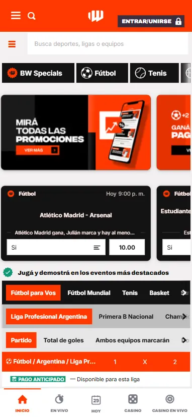 La App móvil de BetWarrior funciona tanto en iOS como Android.