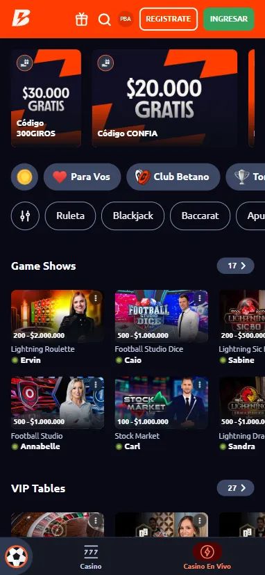 El casino online Betano de Argentina permite navegar a través de diferentes categorías y taxonomías por su web de forma fácil y fluida.