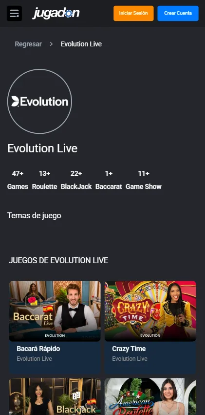 La selección de juego en vivo se reparte entre Evolution y Pragmatic Play.