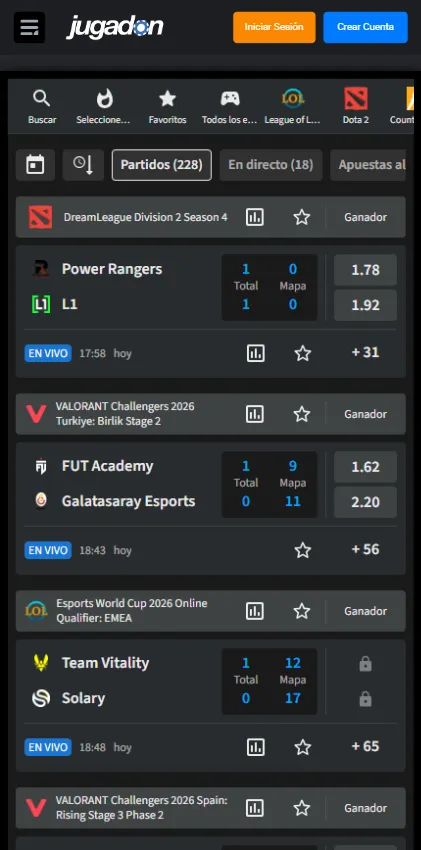 Podemos apostar en Esports en Jugadon casino online como LoL Dota 2 o Valorant.
