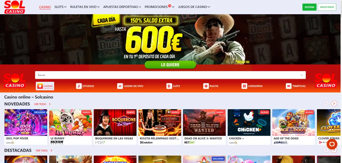 SolCasino es uno de los más grandes de los 10 seleccionados con bonos bienvenida de hasta 1.800€.