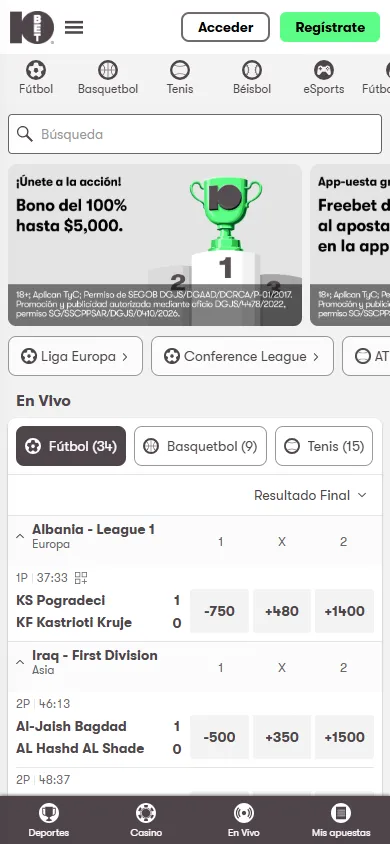 Sección de apuestas deportivas de 10bet México con cuotas en pantalla.