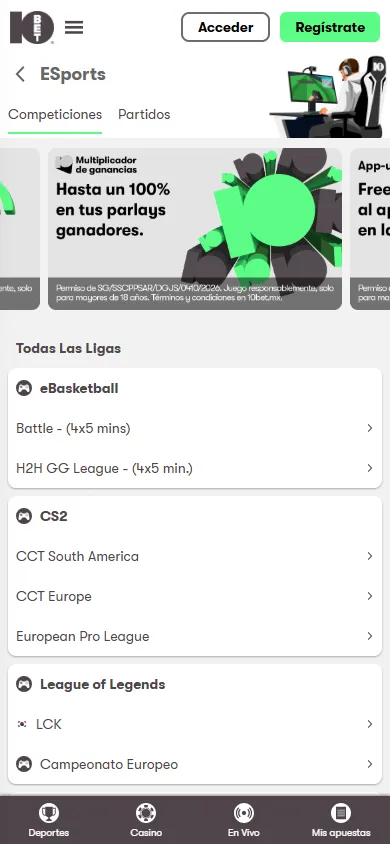 Mercados de apuestas en eSports de 10bet México con cuotas.