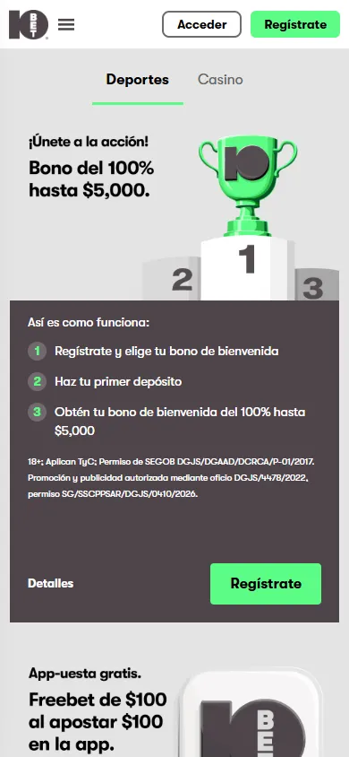 Página de promociones y bonos de 10bet México.