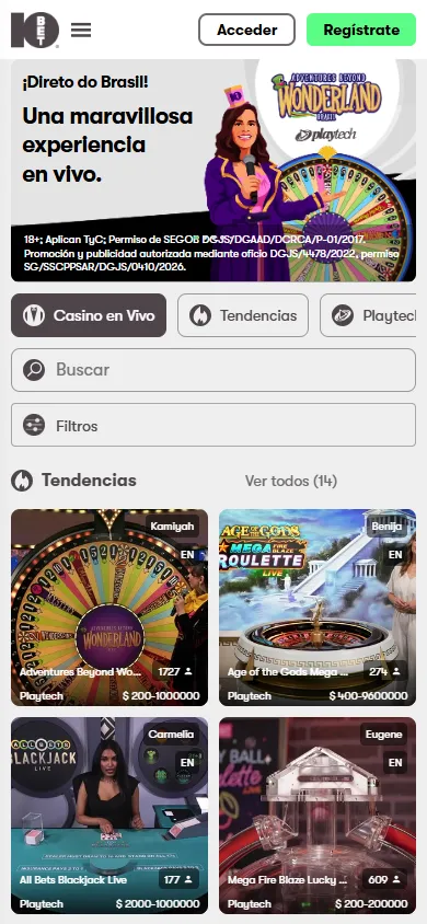 Casino en vivo de 10bet México con mesas de crupier.