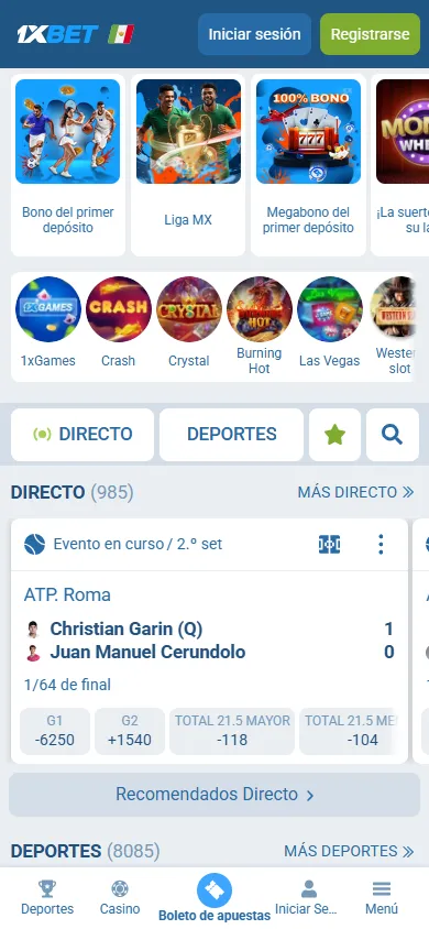 Sección de apuestas en vivo de 1xBet México.