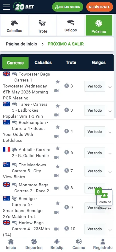 Las carreras de caballos tienen su propio espacio en 20Bet, como uno de los deportes más tradicionales en las líneas de apuestas.