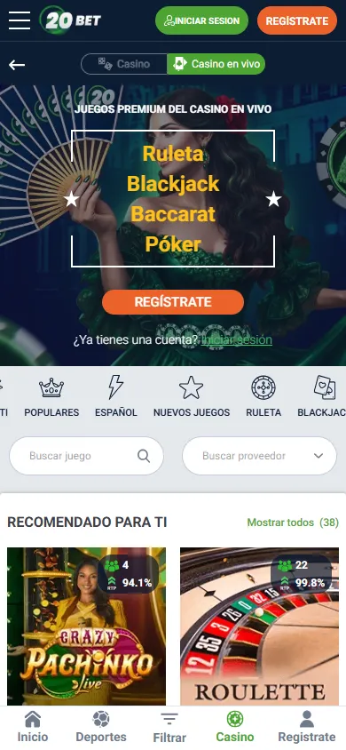 El casino en vivo ofrece blackjack, ruleta, baccarat y game shows con croupiers reales, respaldado principalmente por Evolution Gaming, líder mundial en casino en vivo.
