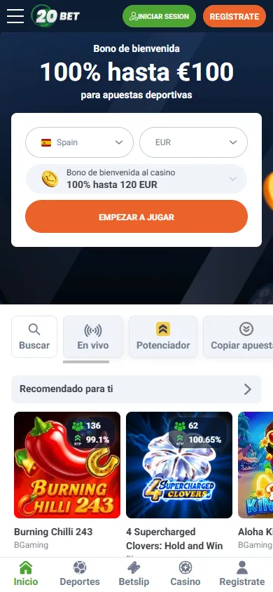 20Bet casino ordena de forma clara sus categorías y permite una navegación rápida a través de su menú lateral desplegable.