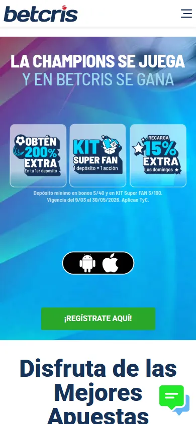 Promociones Betcris Perú con bono del 200% y recarga del 15%.