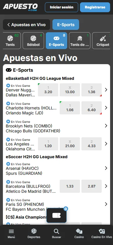 Apuestas en vivo y E-Sports en Apuesto.com.