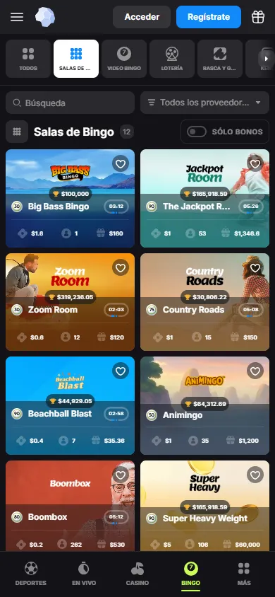 Lobby de bingo en BetMaster con 12 salas activas, botes visibles y filtros por proveedor.