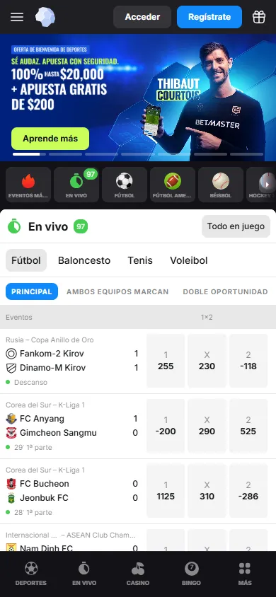 Sección en vivo de BetMaster con 97 eventos activos y cuotas 1x2 en fútbol, baloncesto, tenis y voleibol.