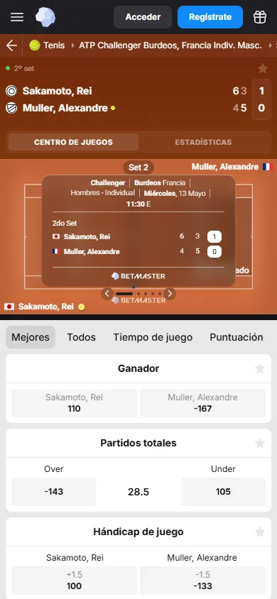 Apuesta en vivo en BetMaster sobre partido ATP Challenger con marcador, mercados de ganador, totales y hándicap.