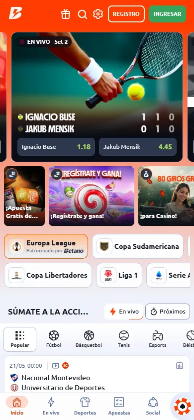 App Betano Perú con apuestas en vivo, Europa League patrocinada y Liga 1 peruana.