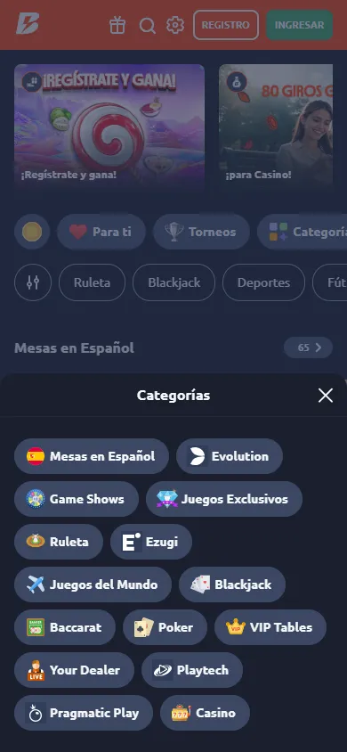 Categoría de juegos en vivo y de casino en Betano Perú.
