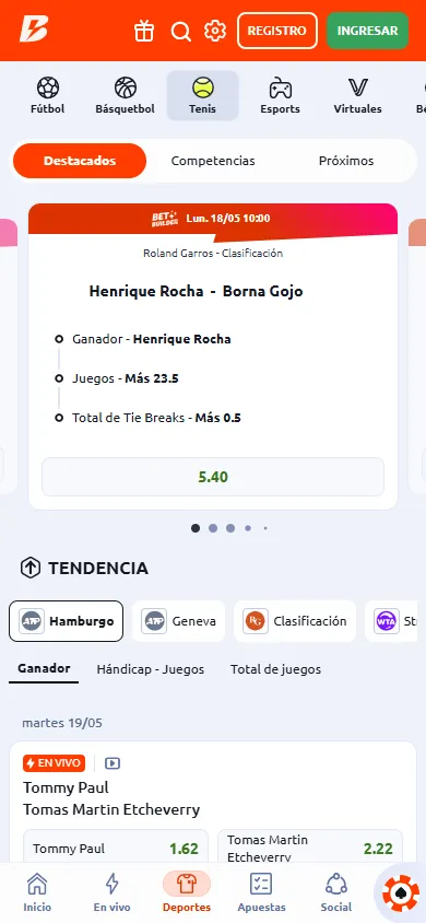 Betano apuestas tenis Roland Garros y ATP con Bet Builder y mercados de tendencia.