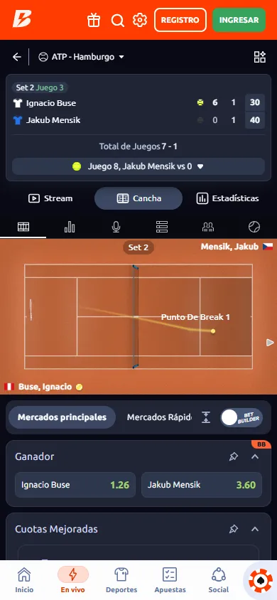 Betano apuestas en vivo tenis ATP Hamburgo con visualización de cancha y Bet Builder.