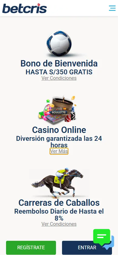 Lobby principal en Betcris.pe con casino, apuestas y carreras de caballo.