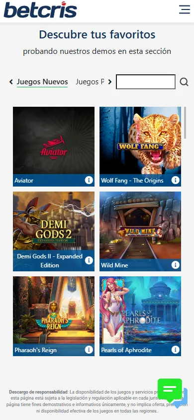 Sección de demos gratuitos del casino de Betcris.mx con slots de diferentes proveedores