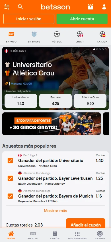 Página de inicio de Betsson Perú con cuotas de Liga 1 y Bundesliga, boleto activo y bono de bienvenida deportivo.