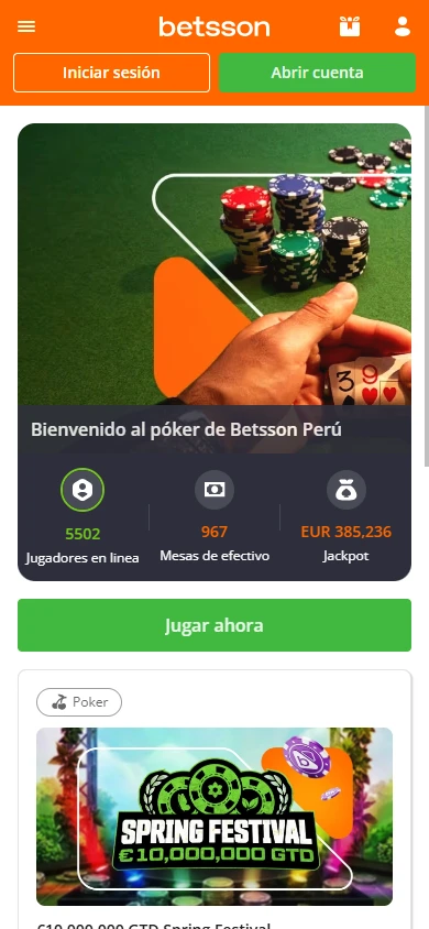 Sección de póker de Betsson Perú con 5,502 jugadores en línea, 967 mesas de efectivo y jackpot de más de EUR 385,000.