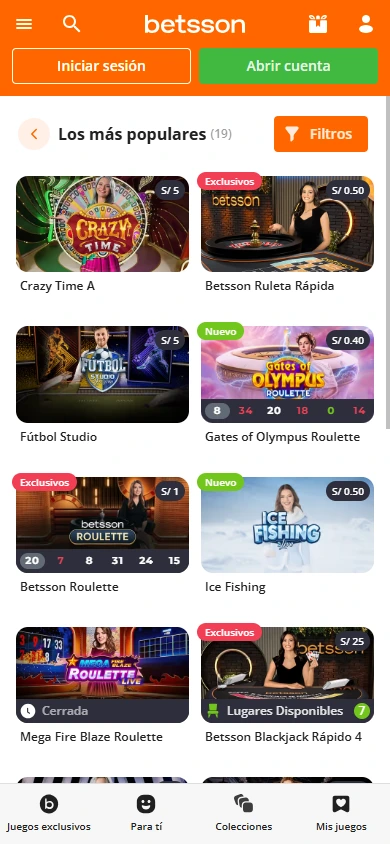Lobby de juegos en vivo de Betsson Perú con ruletas y mesas exclusivas desde S/0.50.