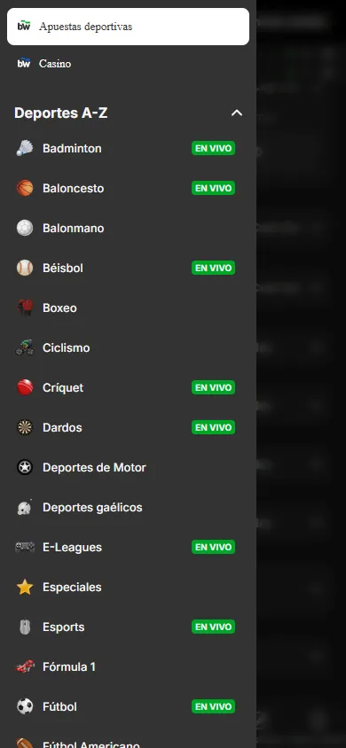 Menú lateral de Betway.mx con más de 15 deportes disponibles ordenados de la A a la Z.