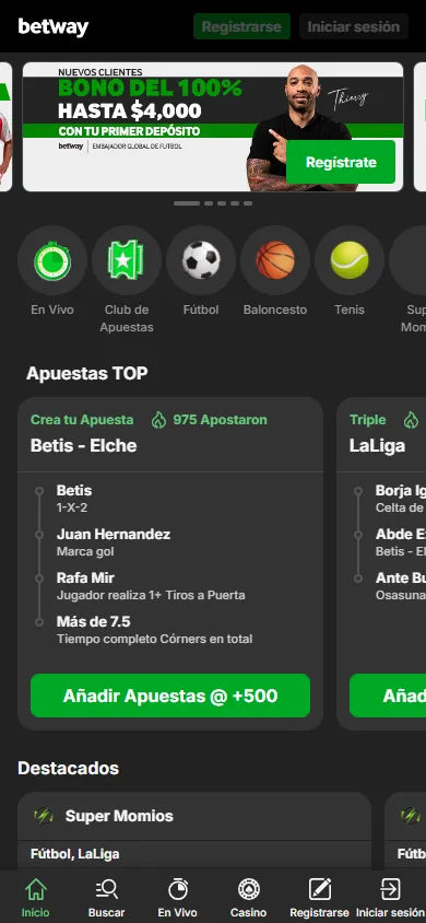 Página de inicio de Betway.mx con el bono de bienvenida del 100% hasta $4,000 MXN y apuestas TOP en LaLiga.