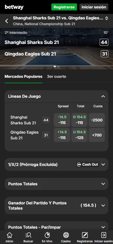 Página de apuestas en vivo de Betway.mx con mercados detallados para un partido de baloncesto.