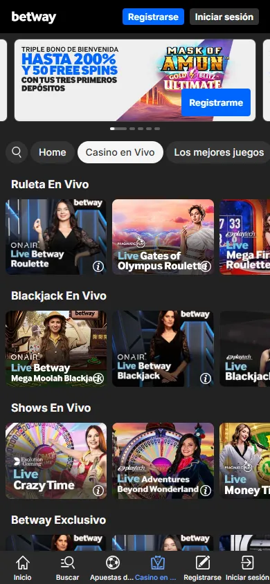 Sección de casino en vivo de Betway.mx con ruleta, blackjack y shows en tiempo real.
