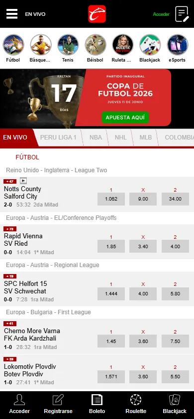 Apuestas en vivo en Caliente Perú con cobertura de fútbol internacional.