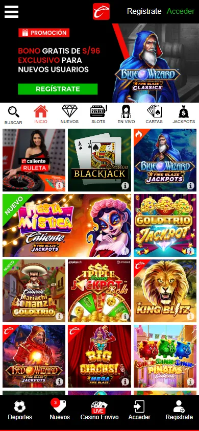 Lobby de casino con slots online de Caliente Perú.