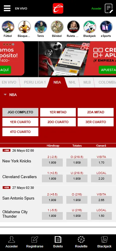 Apuestas NBA en Caliente Perú con handicap y totales por cuarto.