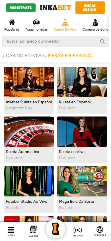 Casino en vivo Inkabet con mesas de ruleta en español de Evolution y Pragmatic.