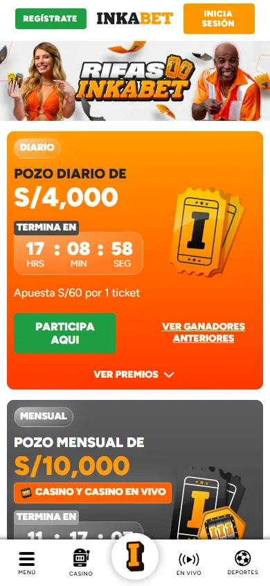 Rifas Inkabet con pozo diario de S/4,000 y mensual de S/10,000.
