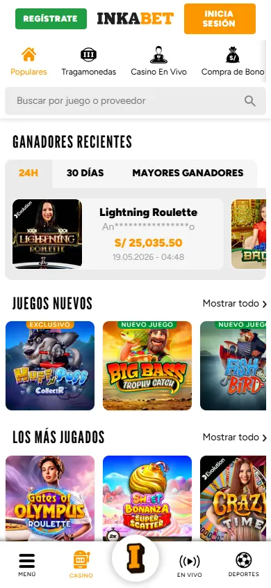 Casino Inkabet con ganadores recientes y juegos como Gates of Olympus.