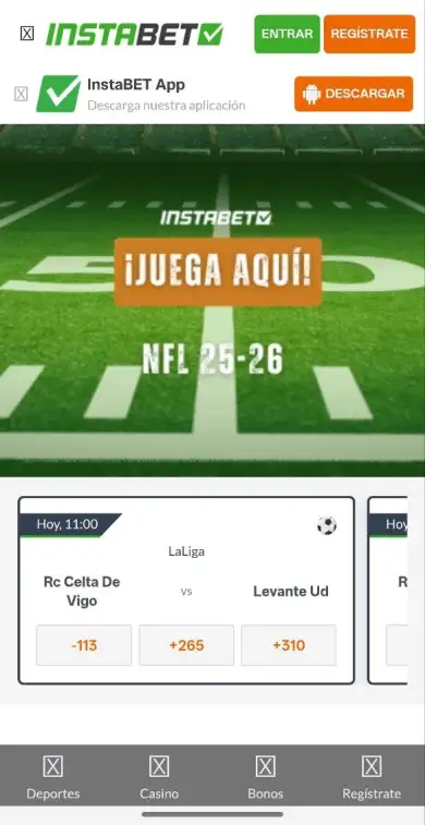 Página de inicio de InstaBET México con menú de navegación principal, acceso a deportes, casino y promociones, botones de registro e inicio de sesión.