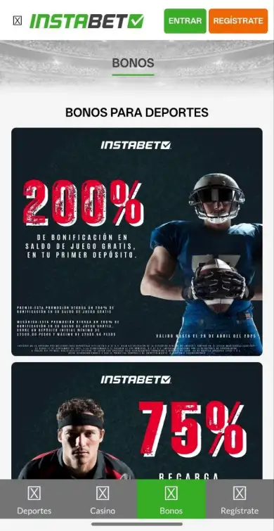 Página de promociones y bonos deportivos de InstaBET con tarjetas que describen las ofertas disponibles, condiciones y botones para reclamar cada bono.